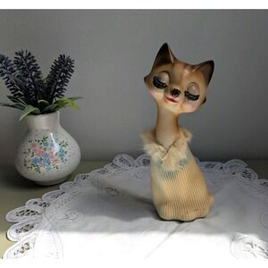 Vintage Kitsch Eyelash Cat Figurine, Anthropomorphic Kitty Decor, Mid Century